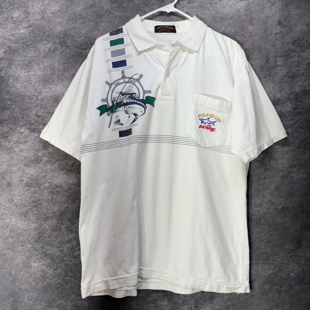VTG Paul & Shark Yachting Embroidered Polo Shirt Mens XL White Navy Marlin